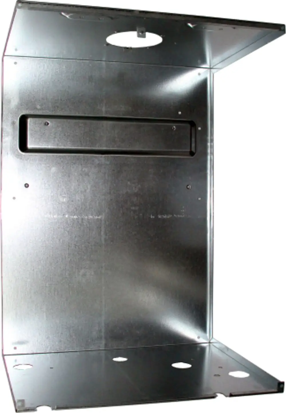 Stahlgehäuse mit offenem Design, geeignet für Heizkesselinstallation. Teile sind in Grau gehalten, mit Löchern für Befestigungen und Anschlussmöglichkeiten. Marke Wolf.